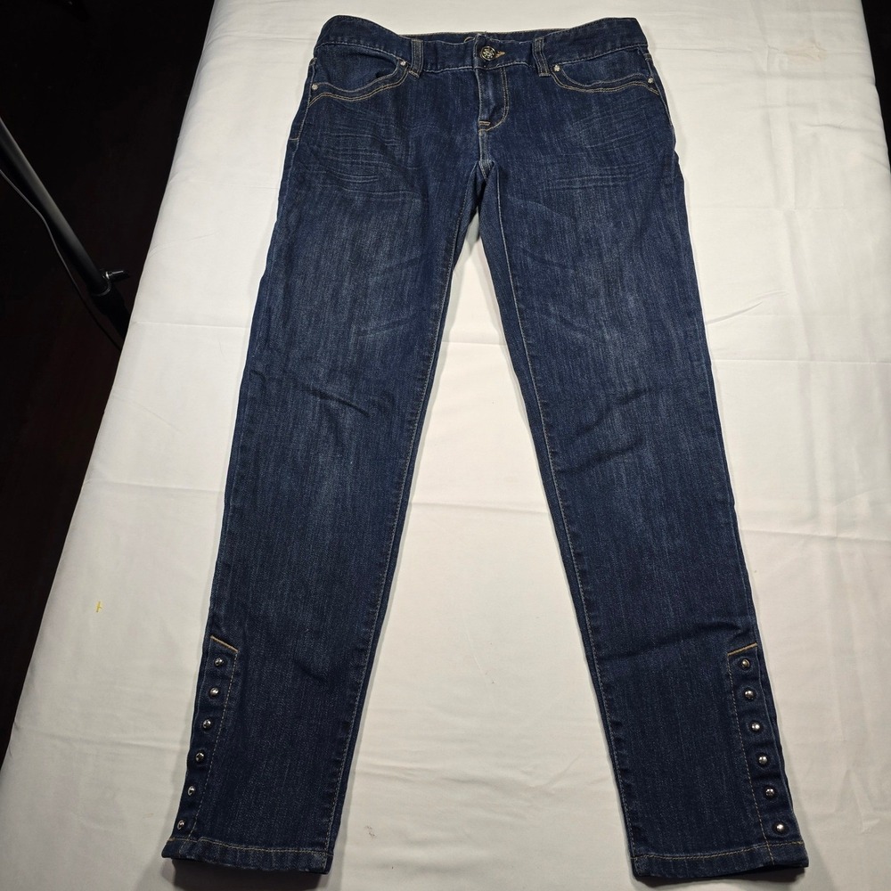 Cache Women Dark Wash Straight Leg Jeans Size 4 Snap Ankle Vent‎ Studded